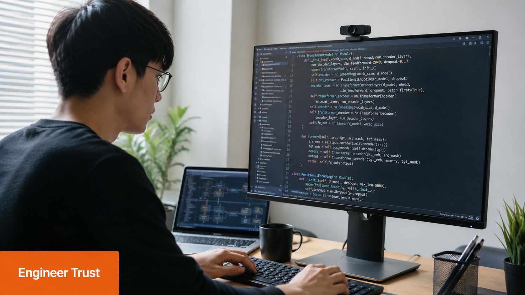 A young programmer works on code on a computer monitor with a laptop in a home office.