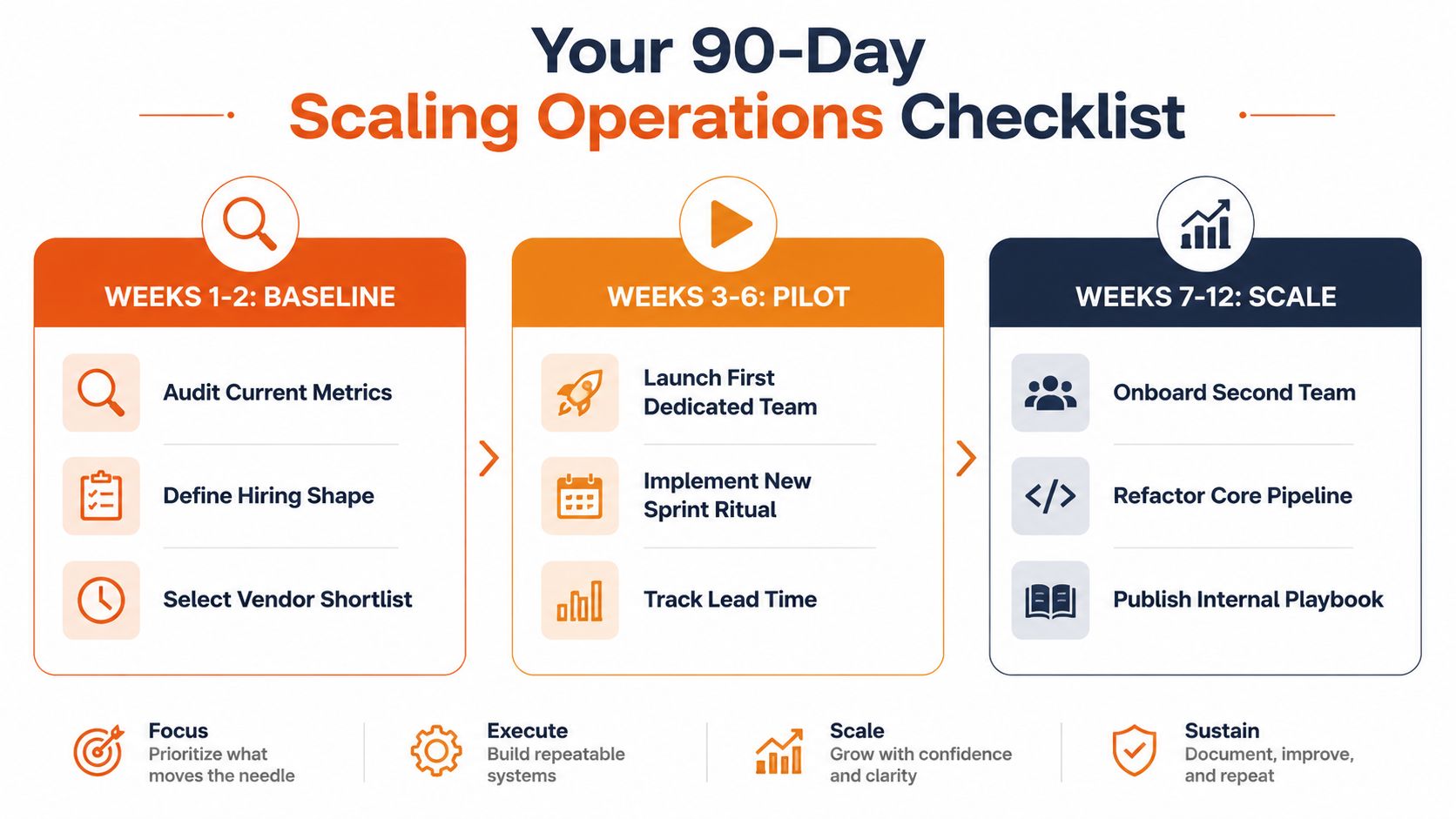A 90-day scaling operations checklist infographic outlining three phases: baseline, pilot, and scale with actionable steps.