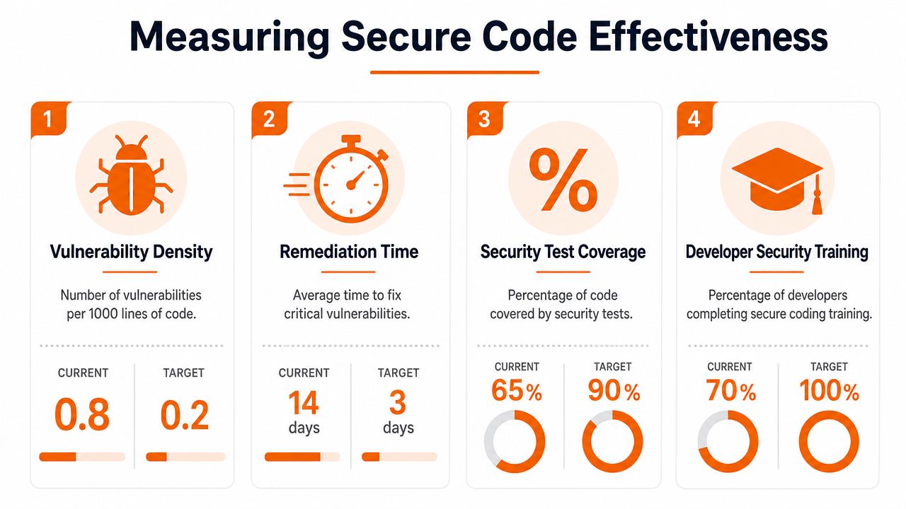 An infographic titled Measuring Secure Code Effectiveness displaying metrics for vulnerability density, remediation time, test coverage, and training.