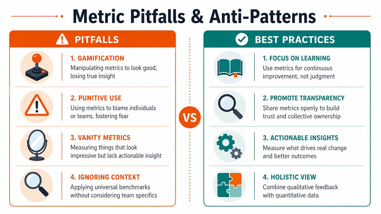A comparison chart showing four metric pitfalls versus four best practices for measuring team performance in software delivery.