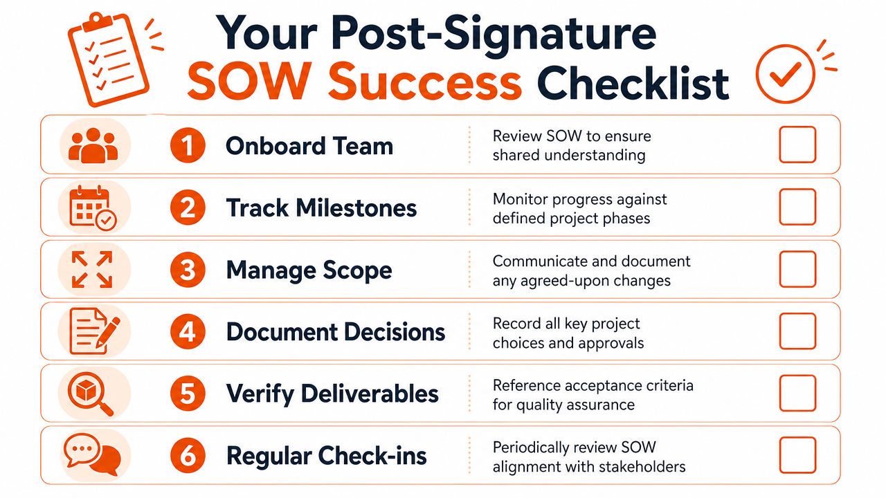 A six-step checklist for managing a Statement of Work after signature to ensure project success.
