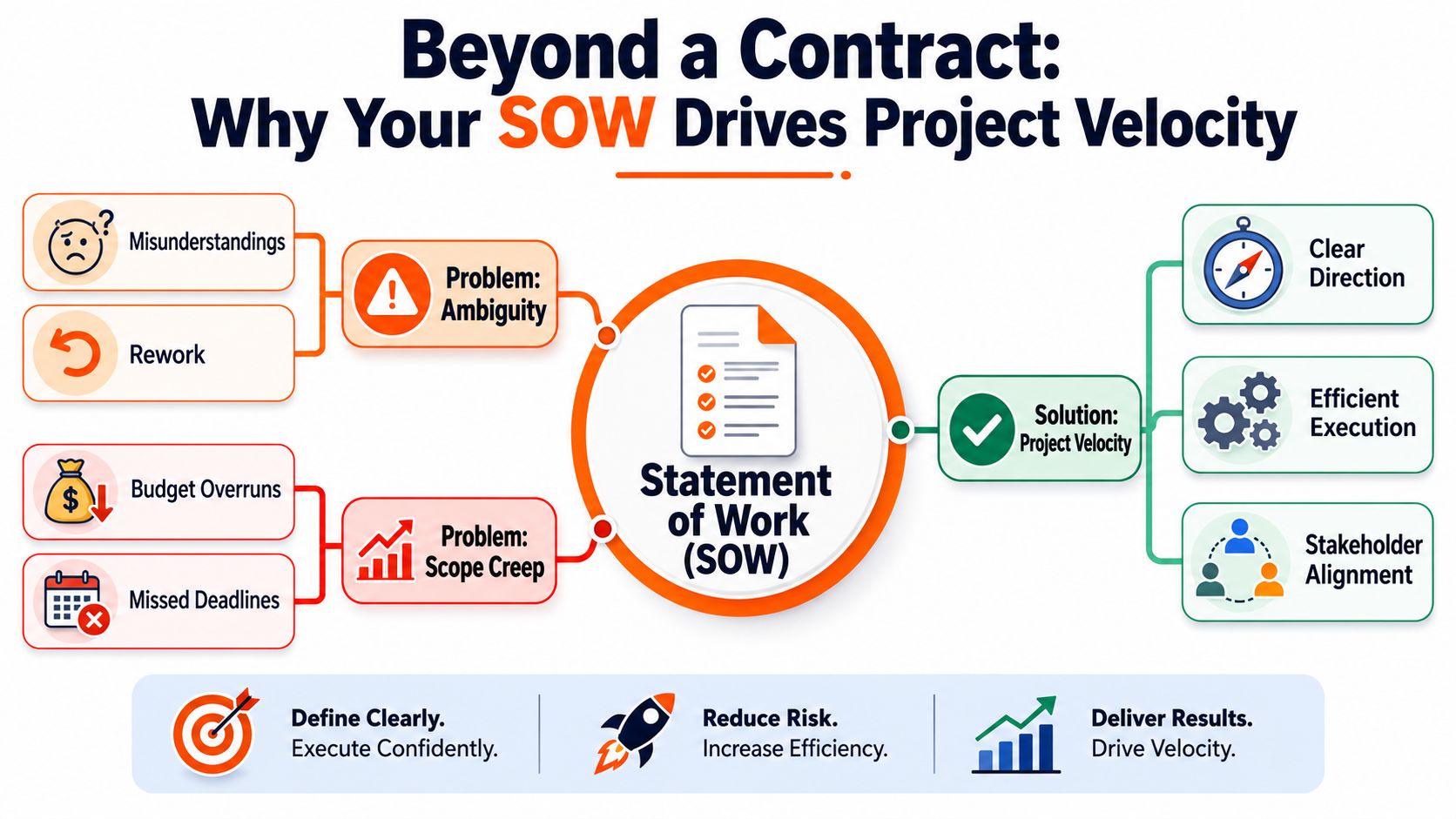 A diagram illustrating how a Statement of Work drives project velocity by solving ambiguity and scope creep.