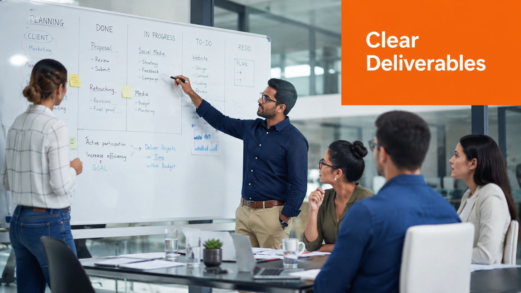 A diverse team of professionals collaborating on a project planning strategy session in a modern office boardroom.