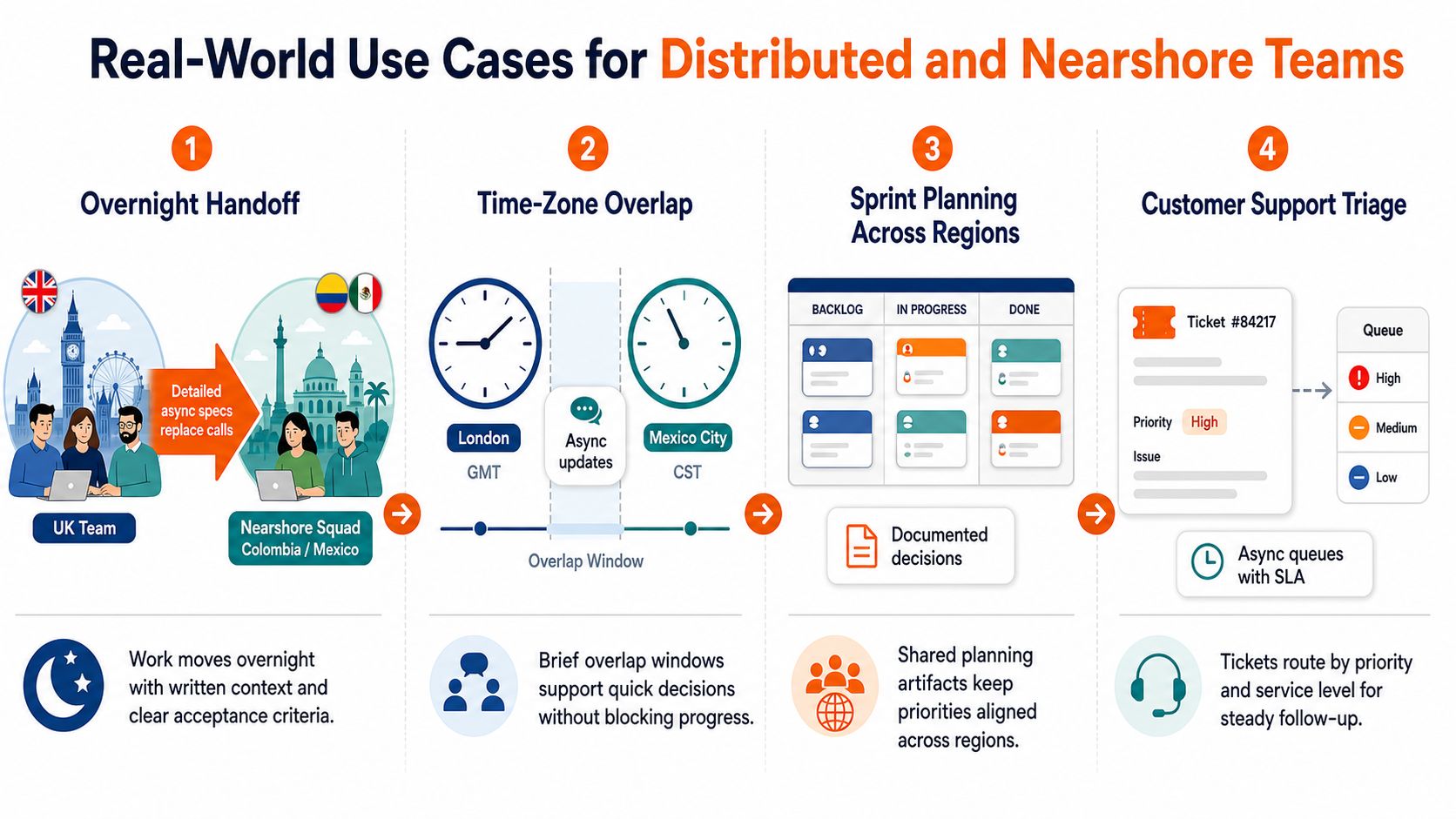 An infographic illustrating four practical use cases for effective distributed and nearshore team collaboration.