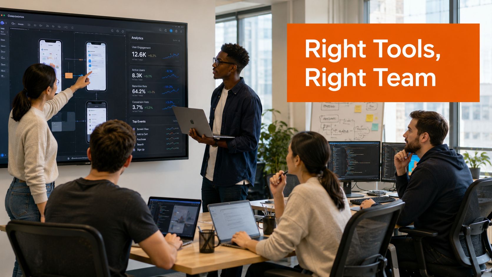 A diverse team of professionals collaborating in a modern office space while reviewing digital analytics on screens.