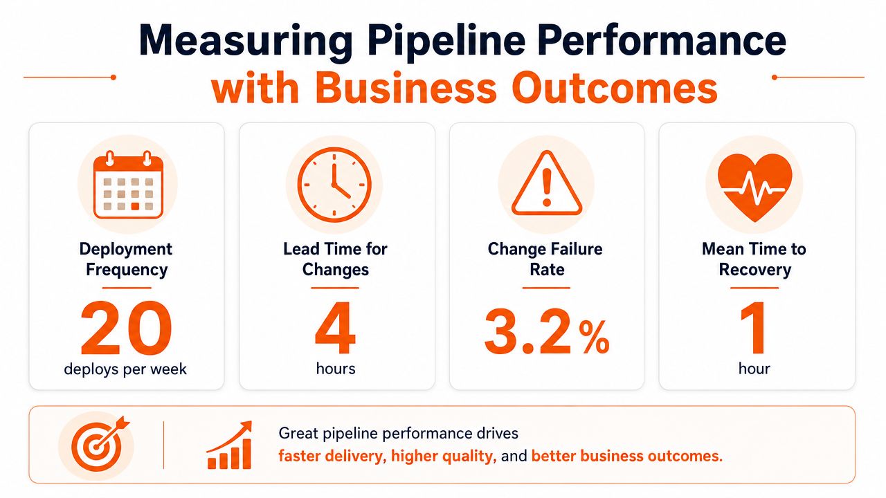 An infographic showing four key metrics for measuring CI/CD pipeline performance with business outcomes, including deployment and recovery statistics.
