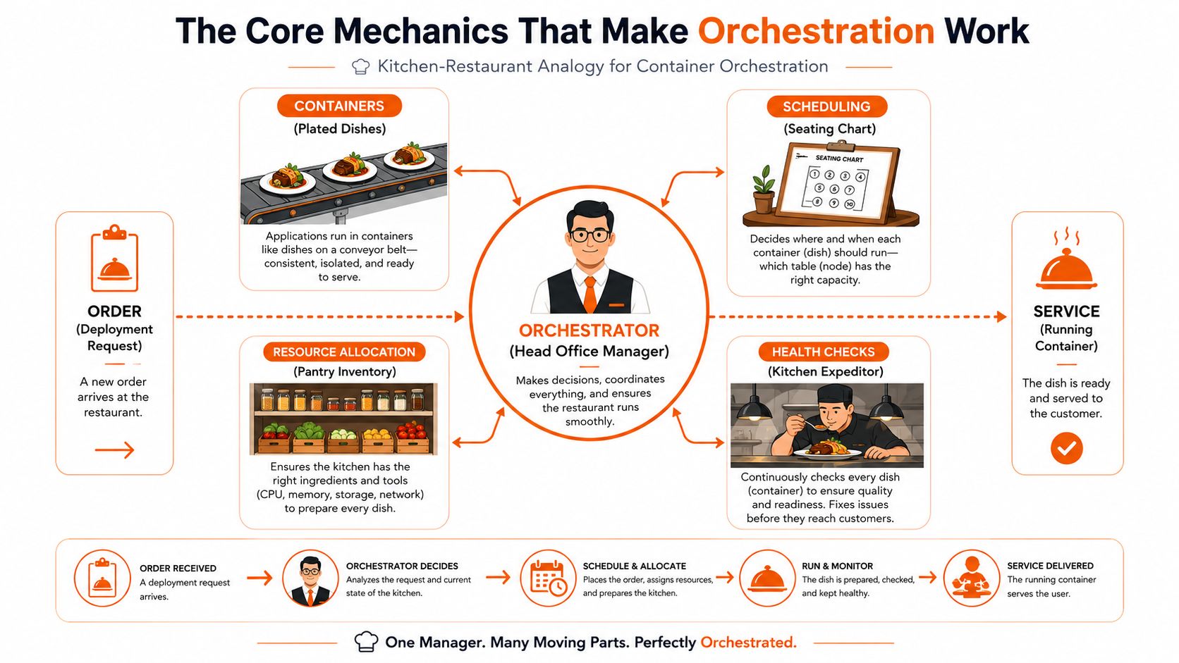 An infographic illustrating container orchestration using a restaurant kitchen analogy with managers, resources, and scheduling.