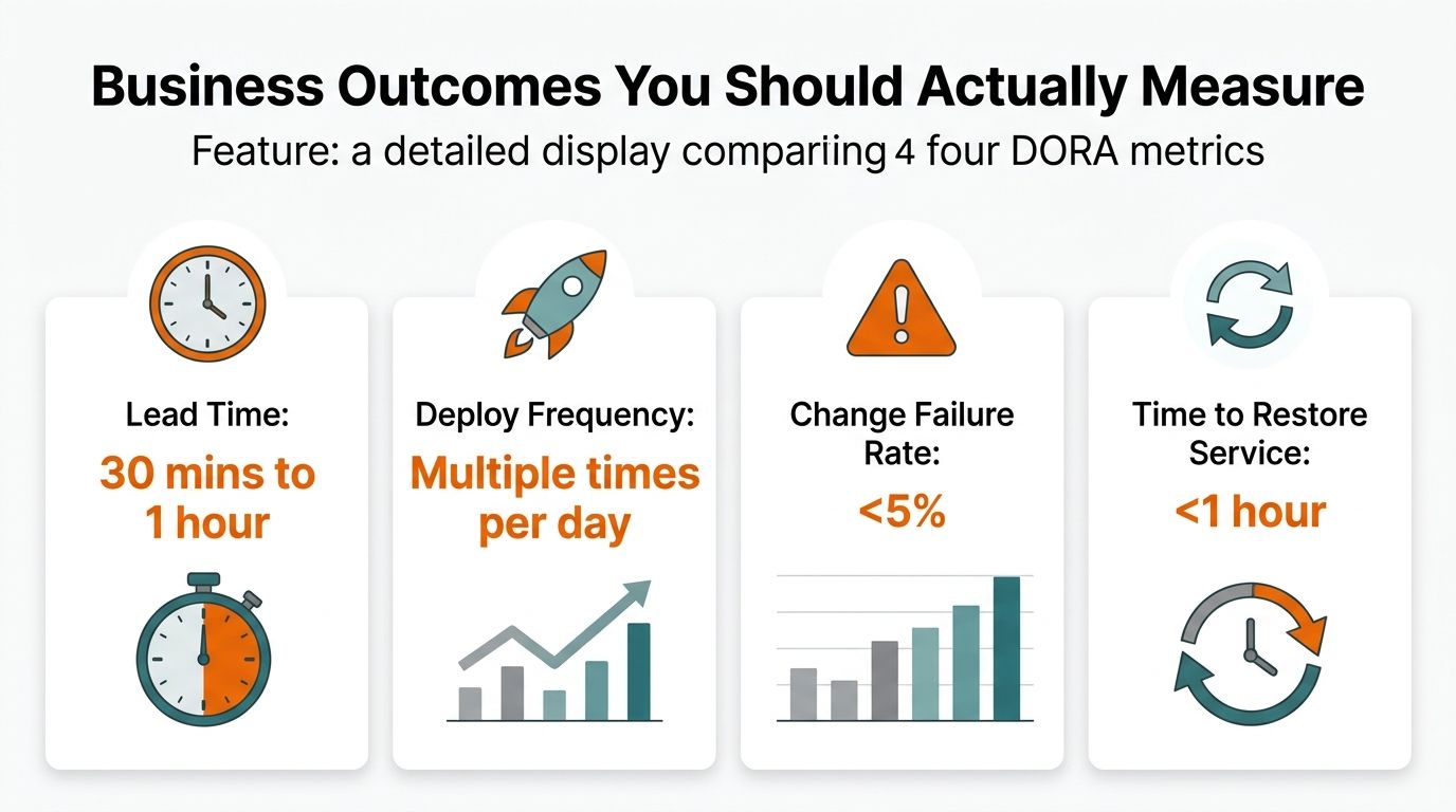 An infographic displaying four key DORA metrics for measuring high-performing software development business outcomes.