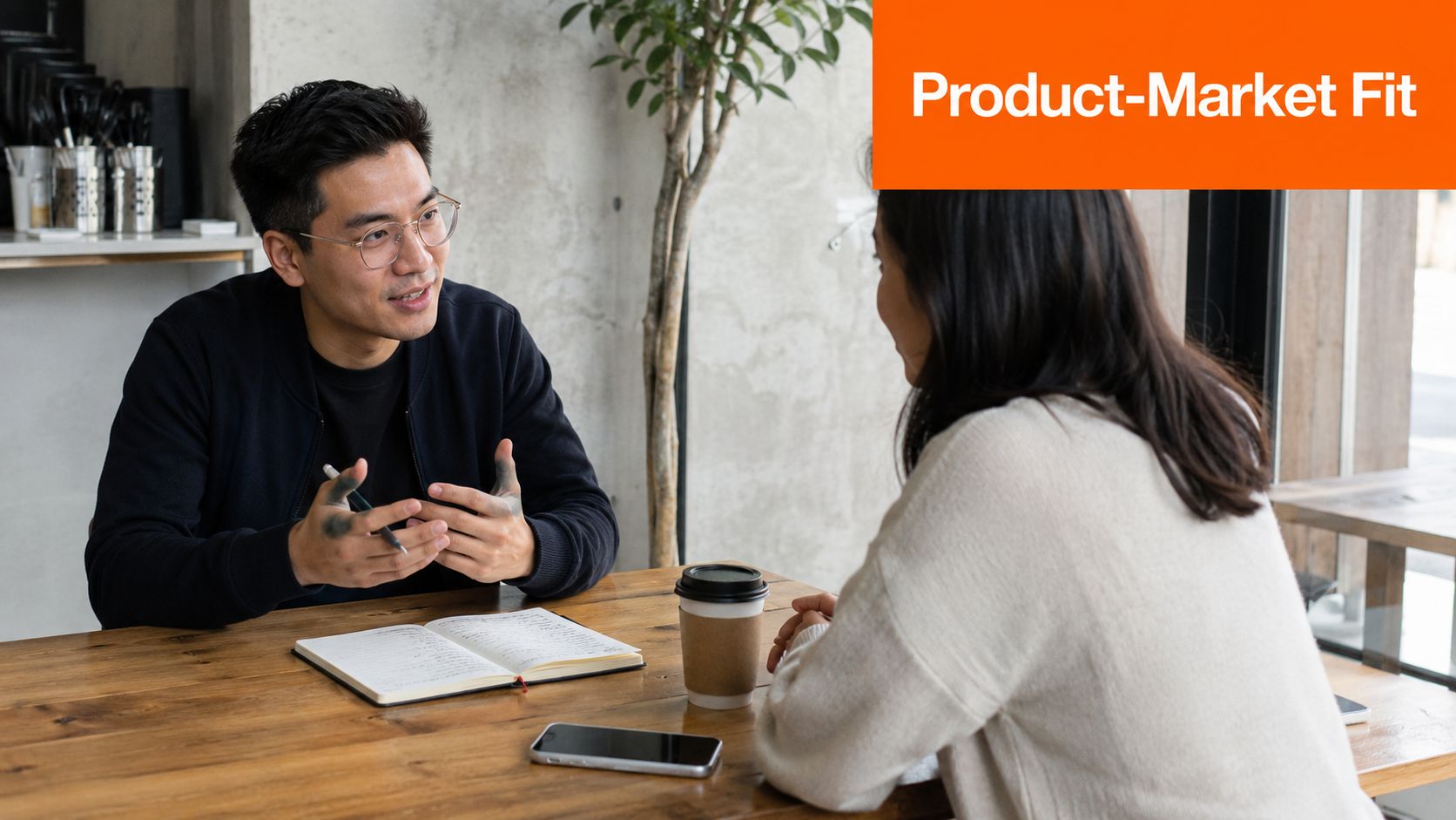 A professional man and woman discussing business strategy in a modern cafe environment.