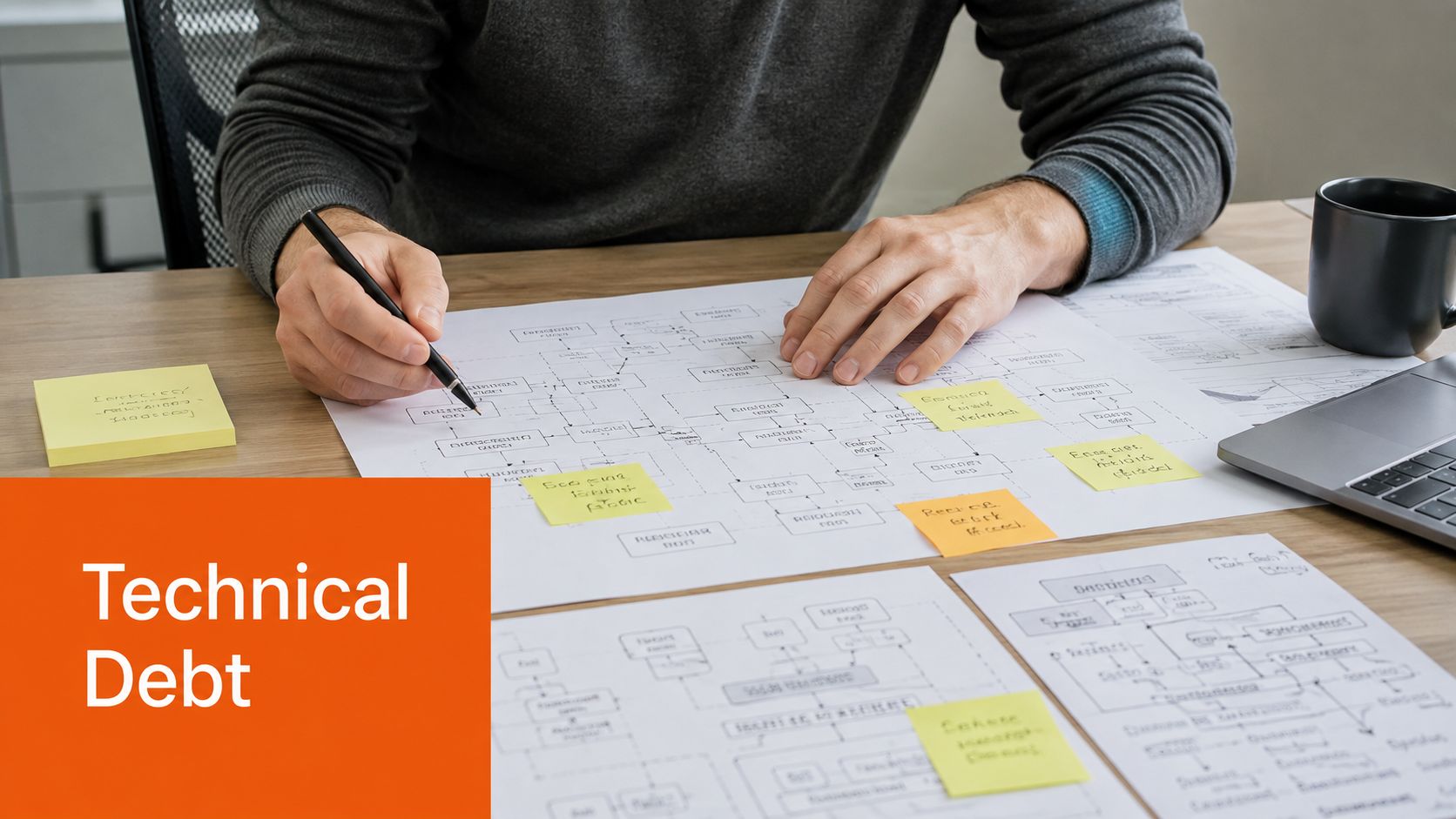 A person reviewing complex technical process flowcharts on a desk with sticky notes and a pen.