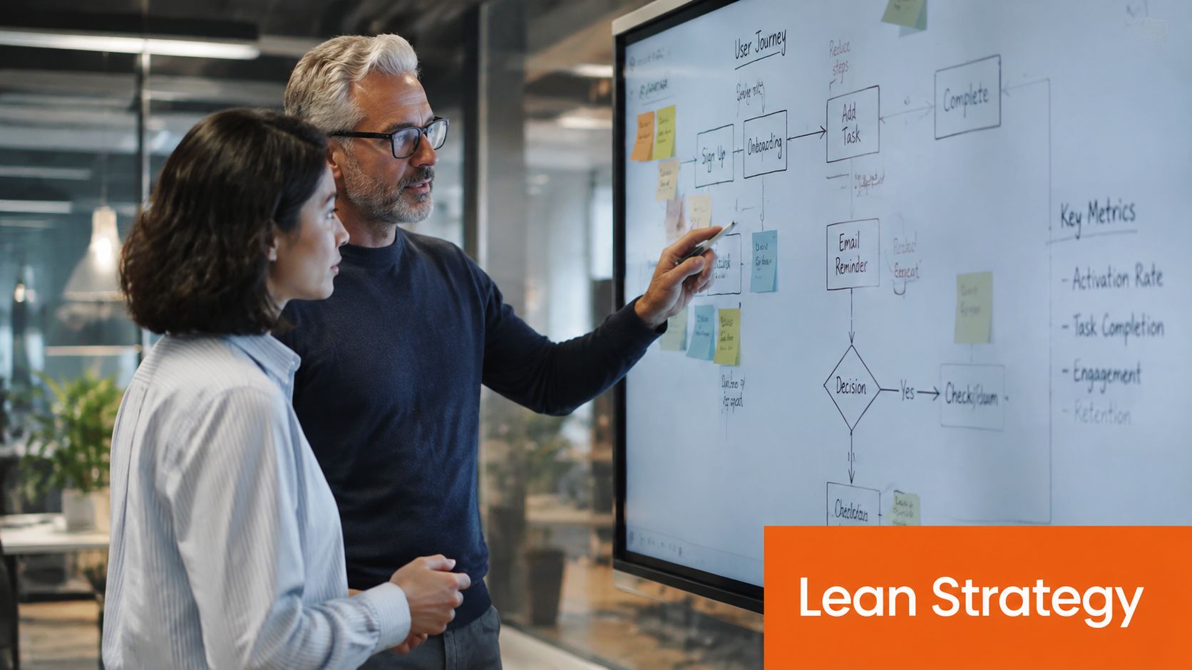 A professional man and woman collaborating on a user journey strategy flowchart on a digital screen.