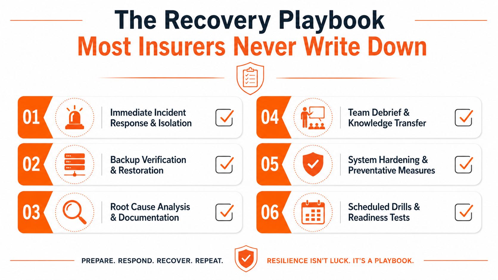 A six-step infographic titled The Recovery Playbook showing disaster recovery procedures for insurance companies.
