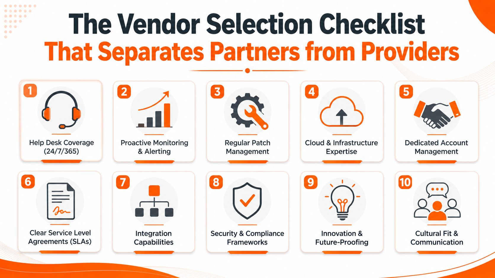 A checklist infographic listing ten essential criteria for selecting a high-quality IT vendor or service provider.