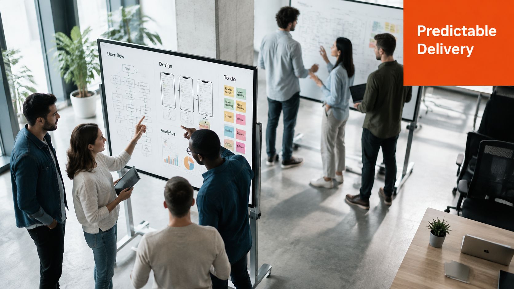 A diverse team of professionals collaborating on a digital board during a legacy system migration workshop.