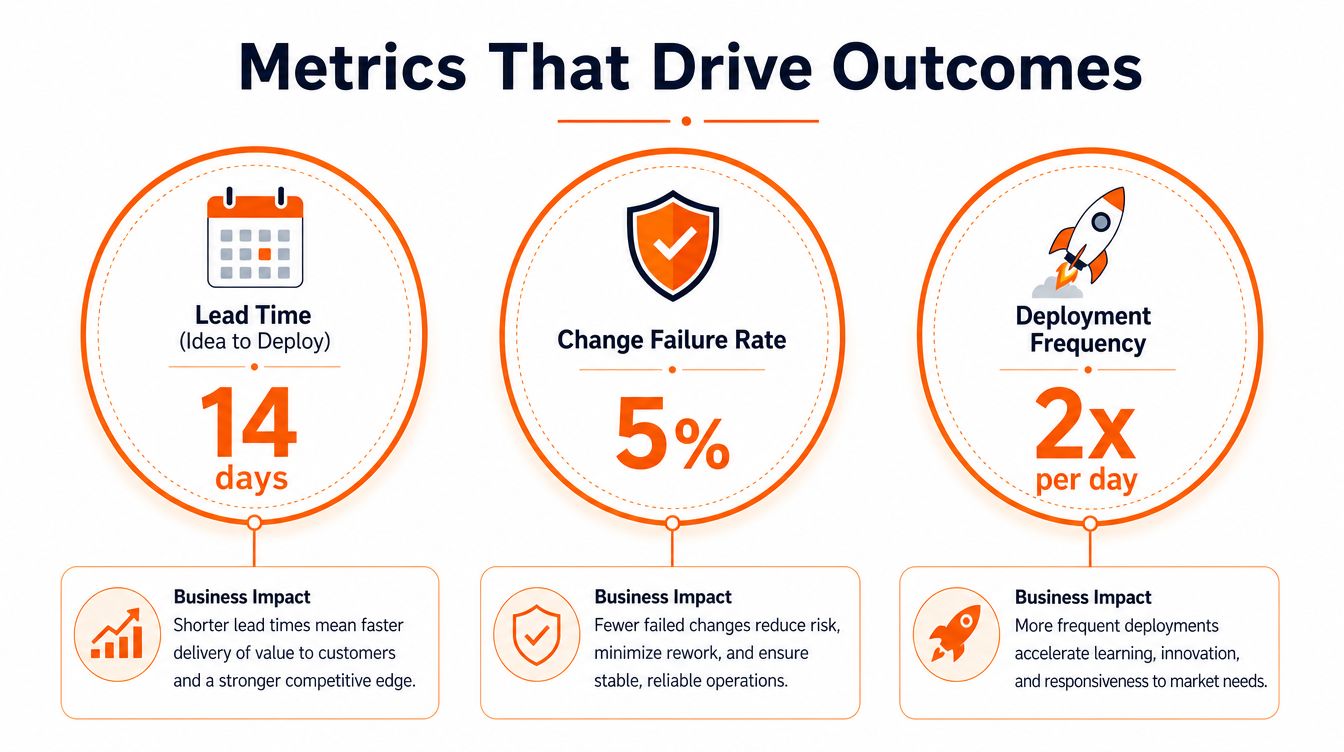 An infographic titled Metrics That Drive Outcomes showing three key software delivery performance metrics including business impacts.