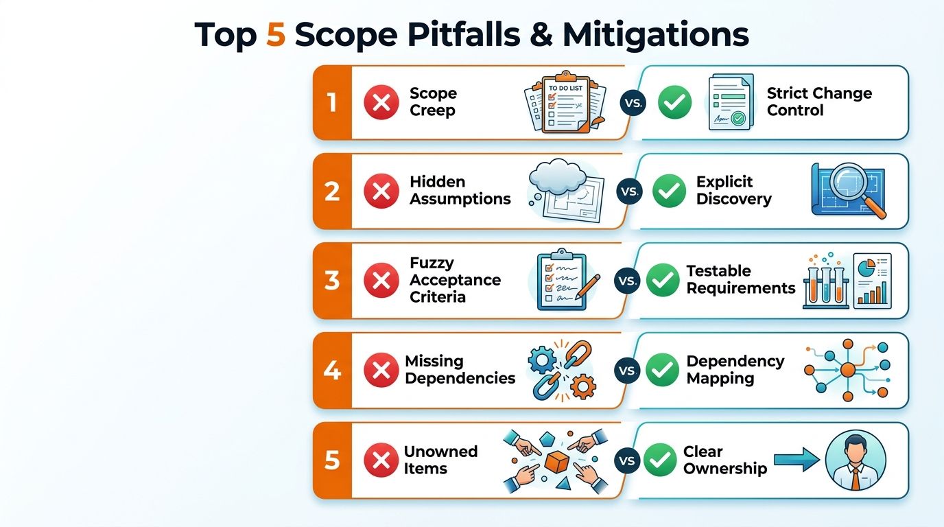 A chart detailing the top five common project scope pitfalls and their corresponding mitigation strategies.
