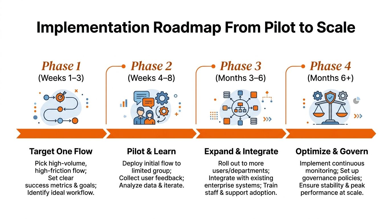 A four-phase implementation roadmap illustrating the progression from pilot projects to enterprise-wide scaling and optimization.
