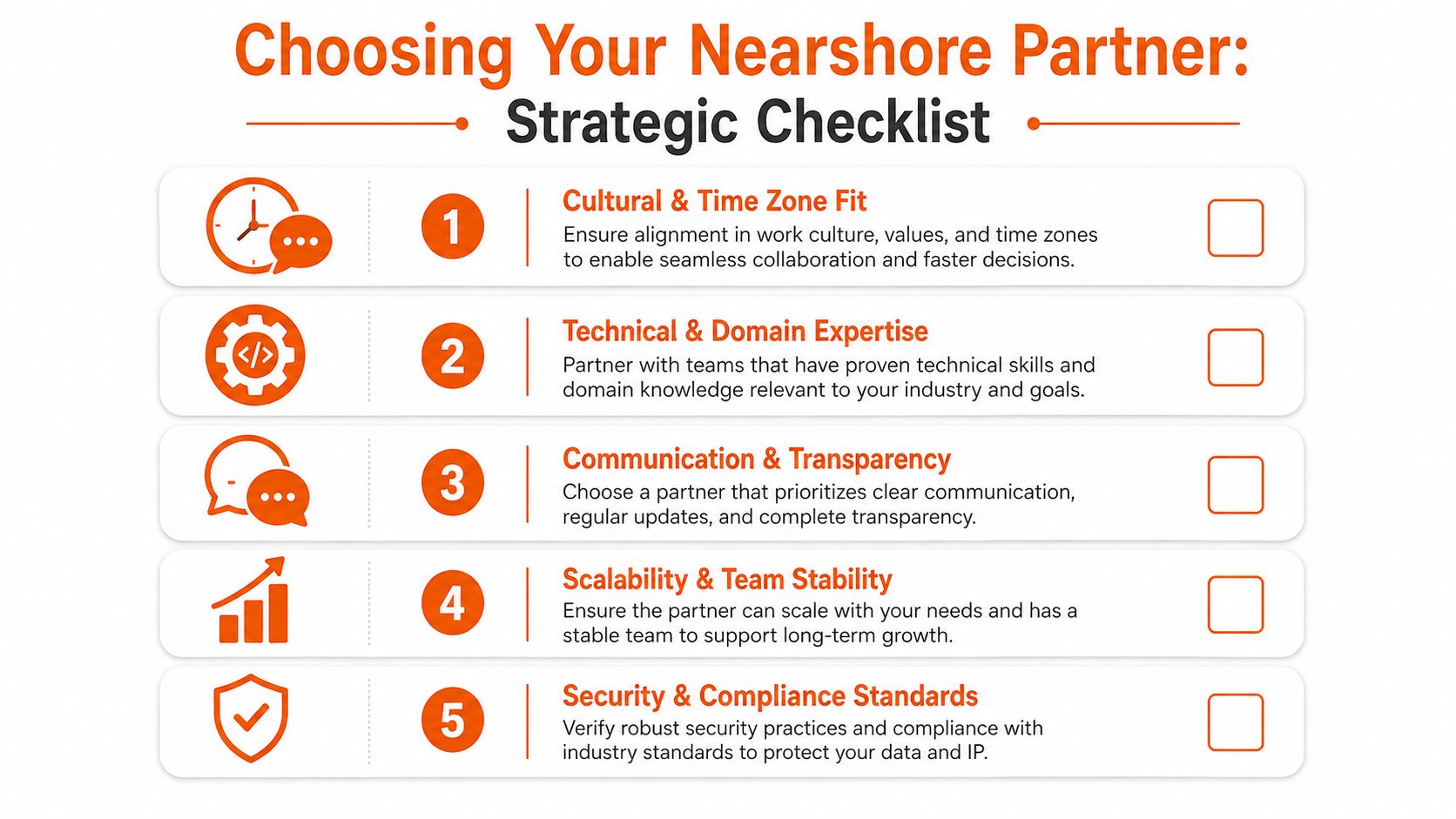A strategic checklist for choosing a nearshore partner, covering five key criteria for business collaboration.