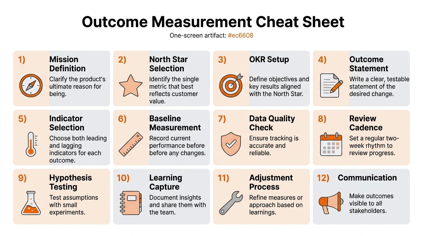 A 12-step Outcome Measurement Cheat Sheet infographic illustrating a systematic process for business product evaluation and goals.