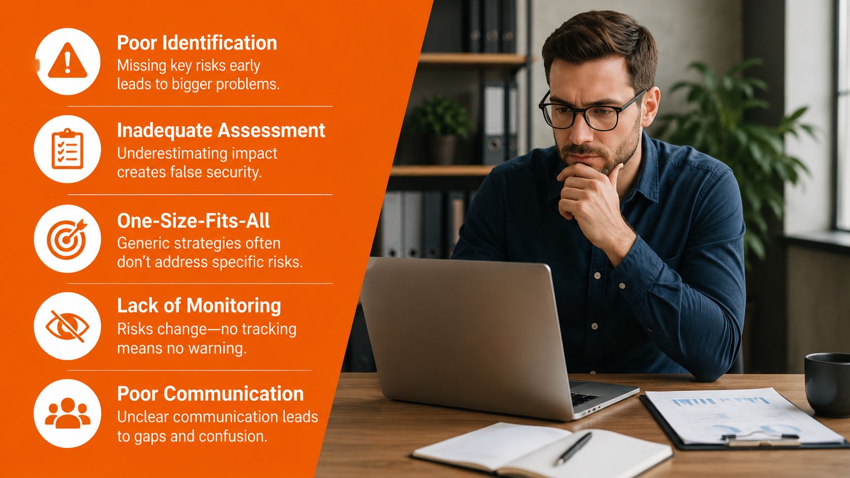 A man in a professional office setting reviewing a laptop screen with a risk mitigation strategy infographic.